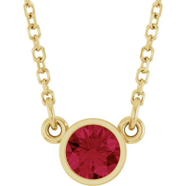 14K Gold Round Lab-Grown Ruby Bezel-Set Solitaire Birthstone Necklace II - Yellow Gold