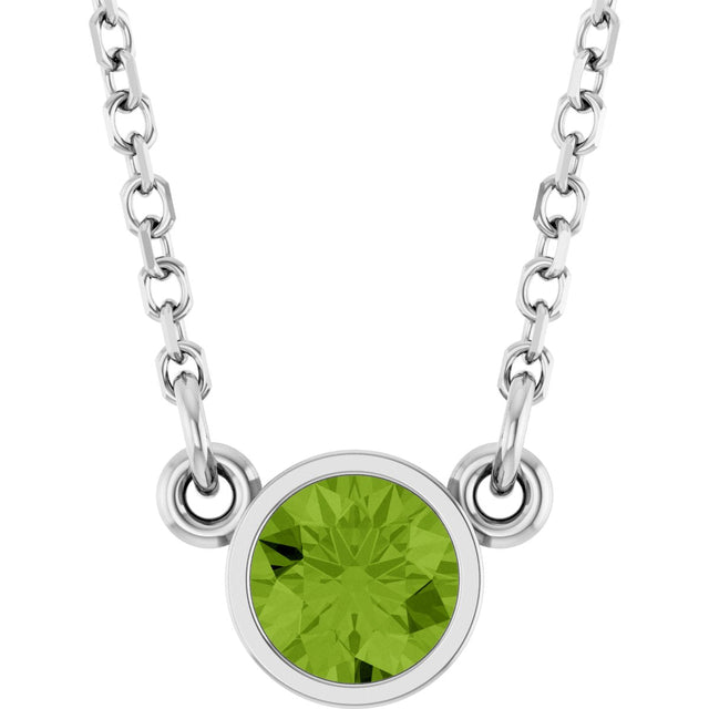 14K Gold Round Natural Peridot Bezel-Set Solitaire Birthstone Necklace - White Gold
