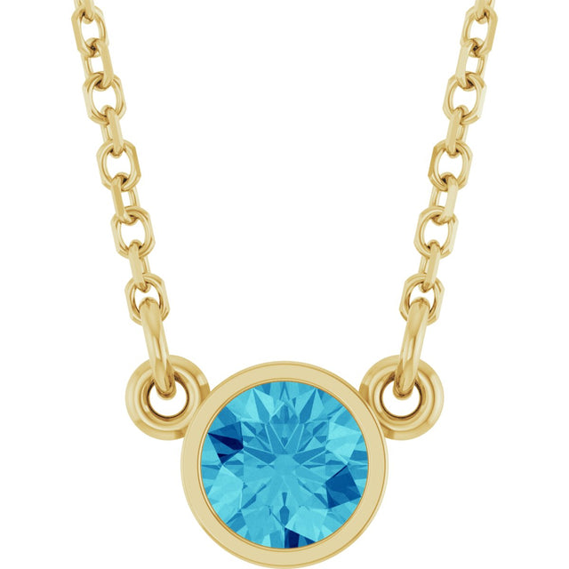 14K Gold Round Natural Blue Zircon Bezel-Set Solitaire Birthstone Necklace - Yellow Gold