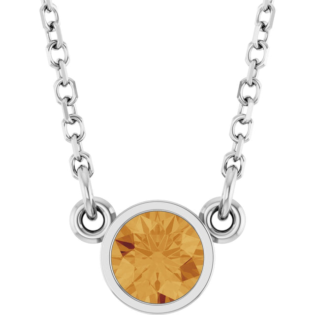 14K Gold Round Natural Citrine Bezel-Set Solitaire Birthstone Necklace - White Gold