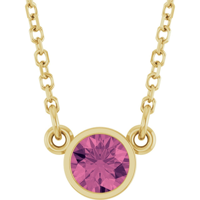 14K Gold Round Natural Pink Tourmaline Bezel-Set Solitaire Birthstone Necklace - Yellow Gold