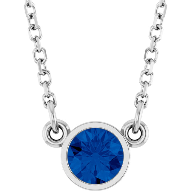 14K Gold Round Lab-Grown Blue Sapphire Bezel-Set Solitaire Birthstone Necklace II - White Gold
