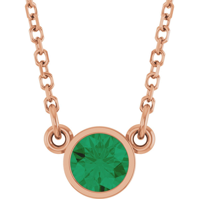 14K Gold Round Natural Emerald Bezel-Set Solitaire Birthstone Necklace II - Rose Gold