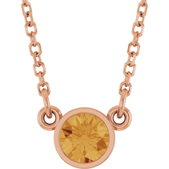 14K Gold Round Natural Citrine Bezel-Set Solitaire Birthstone Necklace - Rose Gold