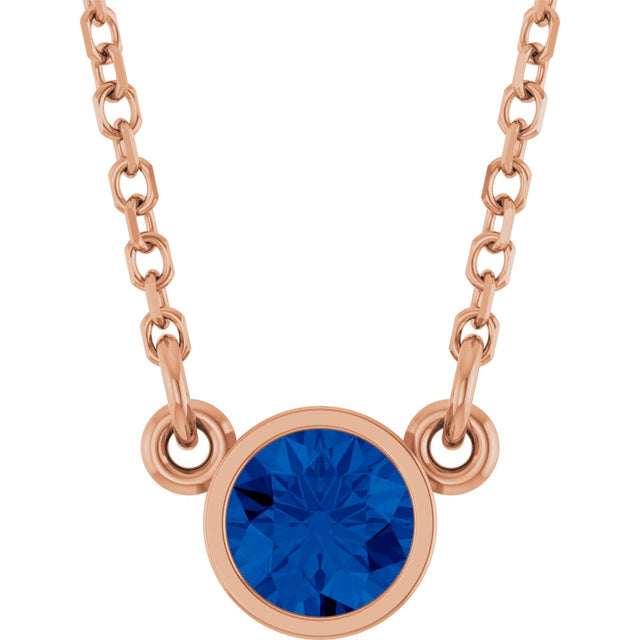 14K Gold Round Natural Blue Sapphire Bezel-Set Solitaire Birthstone Necklace II - Rose Gold