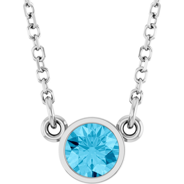 14K Gold Round Natural Aquamarine Bezel-Set Solitaire Birthstone Necklace II - White Gold