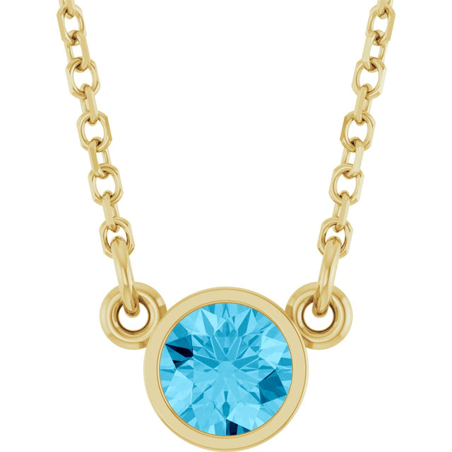 14K Gold Round Natural Aquamarine Bezel-Set Solitaire Birthstone Necklace II - Yellow Gold