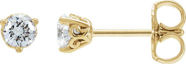 14K Gold Natural Diamond Round 3-Prong Scroll Stud Earrings – 3-4mm Stones - Yellow Gold