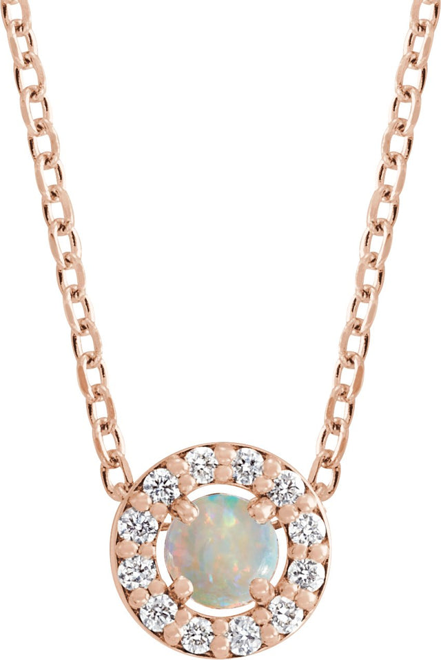 14K Gold Round Natural White Opal Halo-Style Rose-Cut Necklace or Pendant - Rose Gold