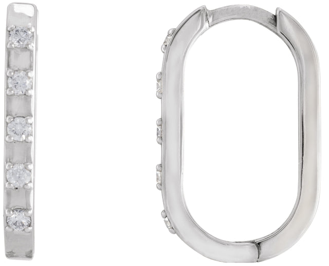 14K Gold Round Natural Diamond Elongated Hoop Earrings - White Gold