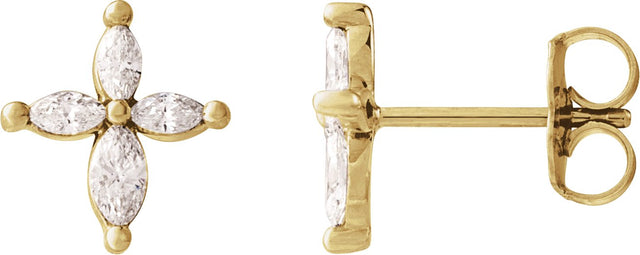14K Gold Marquise Natural Diamond Accented Cross Earrings - Yellow Gold