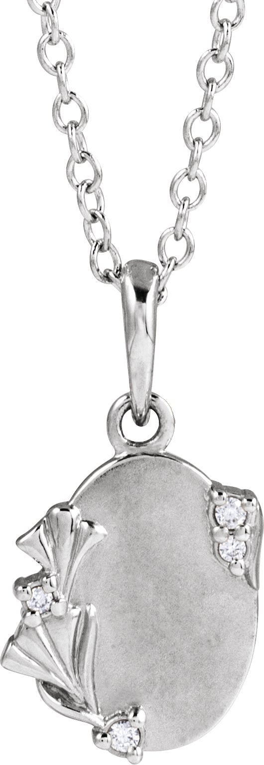 14K Gold Round Natural Diamond Accented Engravable Floral Necklace or Pendant - White Gold