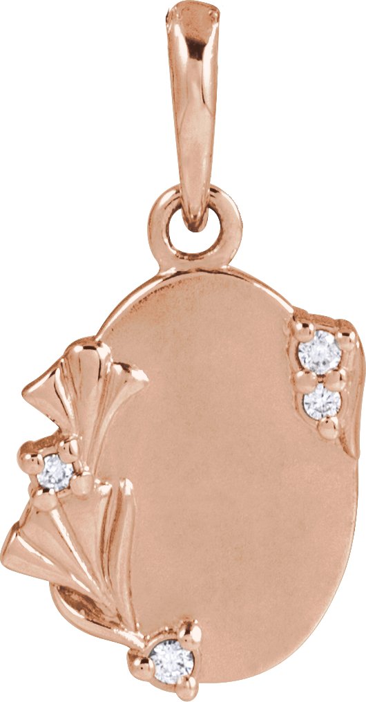 14K Gold Round Natural Diamond Accented Engravable Floral Necklace or Pendant - Rose Gold