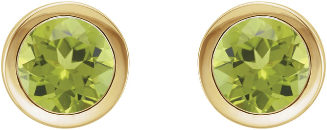 14K Gold Natural Peridot Round Bezel-Set Birthstone Stud Earrings - Yellow Gold