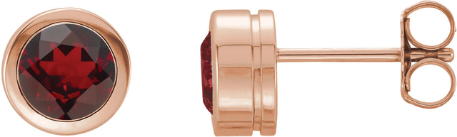 14K Gold Natural Mozambique Garnet Round Bezel-Set Birthstone Stud Earrings - Rose Gold