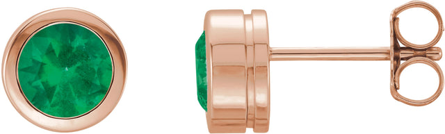 14K Gold Lab-Grown Emerald Round Bezel-Set Birthstone Stud Earrings - Rose Gold