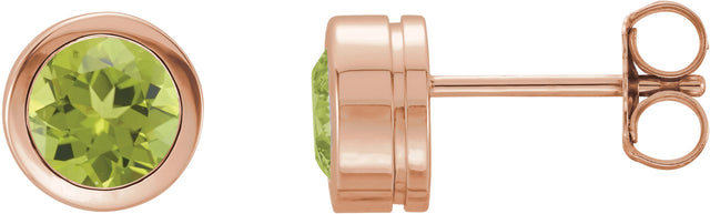 14K Gold Natural Peridot Round Bezel-Set Birthstone Stud Earrings - Rose Gold