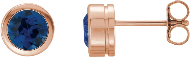 14K Gold Lab-Grown Blue Sapphire Round Bezel-Set Birthstone Stud Earrings - Rose Gold
