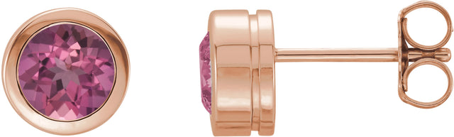 14K Gold Natural Pink Tourmaline Round Bezel-Set Birthstone Stud Earrings - Rose Gold
