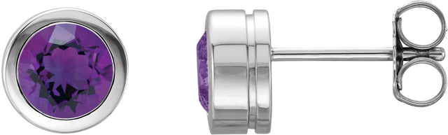 14K Gold Natural Amethyst Round Bezel-Set Birthstone Stud Earrings - White Gold