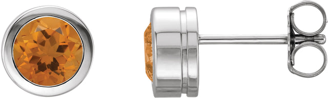 14K Gold Natural Citrine Round Bezel-Set Birthstone Stud Earrings - White Gold