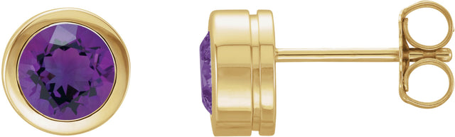 14K Gold Natural Amethyst Round Bezel-Set Birthstone Stud Earrings - Yellow Gold