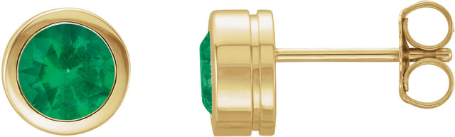 14K Gold Lab-Grown Emerald Round Bezel-Set Birthstone Stud Earrings - Yellow Gold