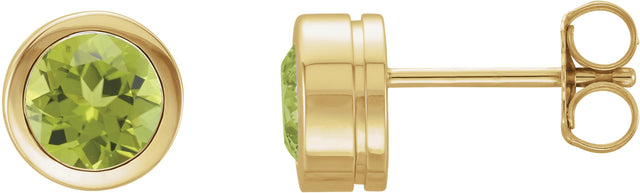 14K Gold Natural Peridot Round Bezel-Set Birthstone Stud Earrings - Yellow Gold