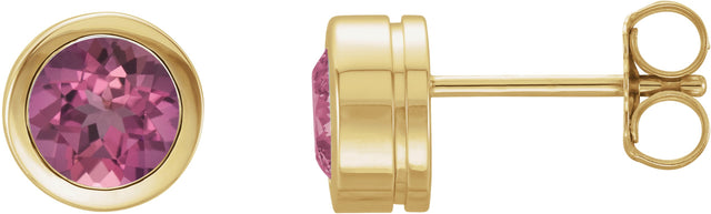 14K Gold Natural Pink Tourmaline Round Bezel-Set Birthstone Stud Earrings - Yellow Gold