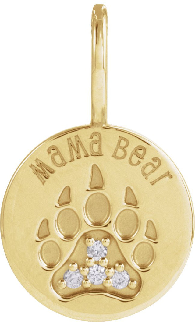 14K Gold Round Natural Diamond Mama Bear Necklace or Pendant - Yellow Gold