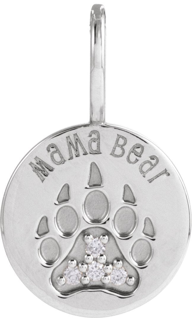 14K Gold Round Natural Diamond Mama Bear Necklace or Pendant - White Gold
