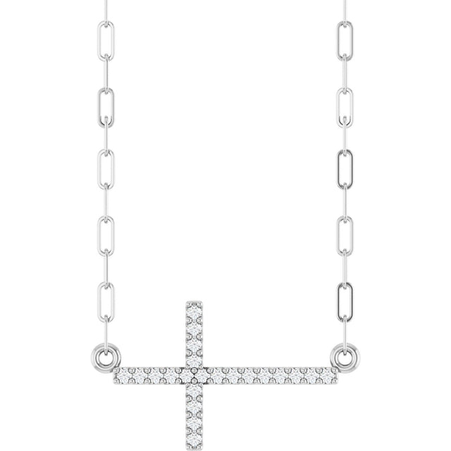 14K Gold Round Natural Diamond Accented Sideways Cross Necklace – 19.3x10.8mm - White Gold