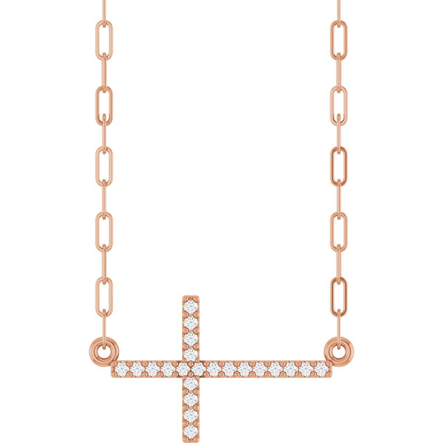 14K Gold Round Natural Diamond Accented Sideways Cross Necklace – 19.3x10.8mm - Rose Gold