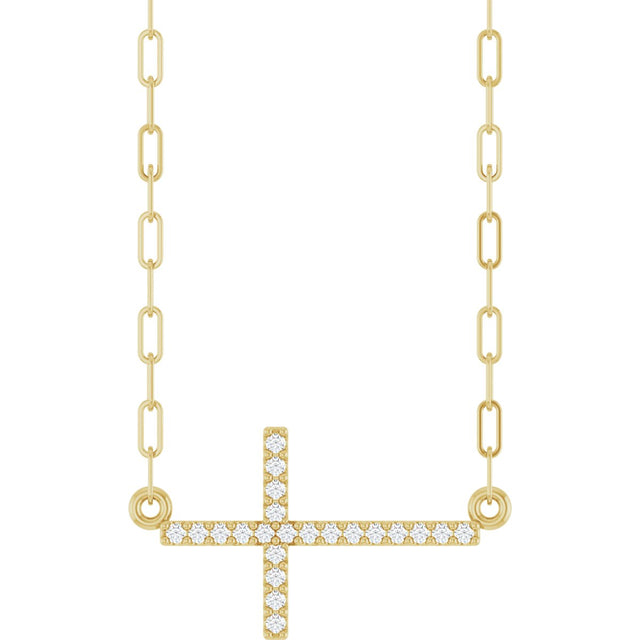 14K Gold Round Natural Diamond Accented Sideways Cross Necklace – 19.3x10.8mm - Yellow Gold
