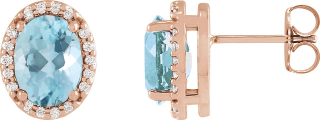 14K Gold Natural Aquamarine Oval 4-Prong Halo-Style Low Stud Earring - Rose Gold
