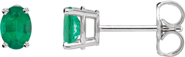 14K Gold Natural Emerald Oval 4-Prong Lightweight Stud Earrings - White Gold