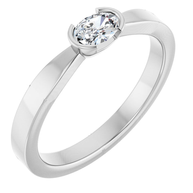 14K Gold Oval Lab-Grown Diamond Half-Bezel Solitaire Ring - White Gold