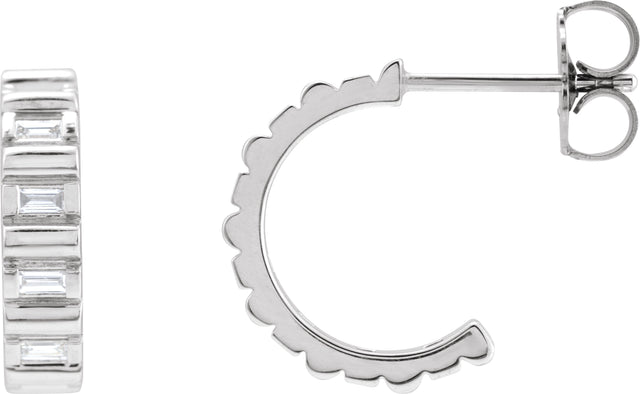 14K Gold Natural Diamond Straight Baguette Hoop Earrings - White Gold