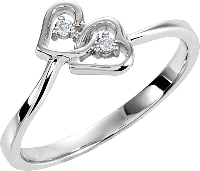 14K Gold Round Natural Diamond Double Heart Accented Ring - White Gold