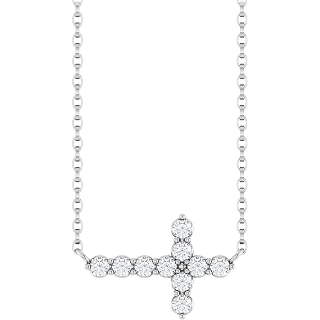 14K Gold Round Natural Diamond Accented Sideways Cross Necklace – 2mm Stones - White Gold