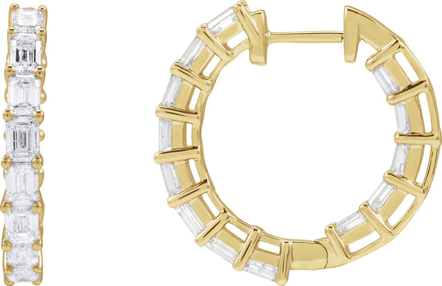 14K Gold Emerald Natural Diamond Inside-Outside Hoop Earrings - Yellow Gold
