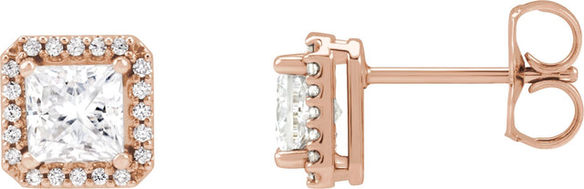 14K Gold Natural Diamond Square 4-Prong Halo-Style Earring - Rose Gold