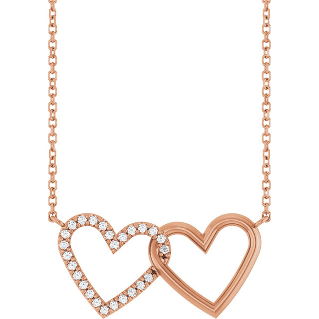 14K Gold Round Natural Diamond Interlocking Heart Necklace - Rose Gold