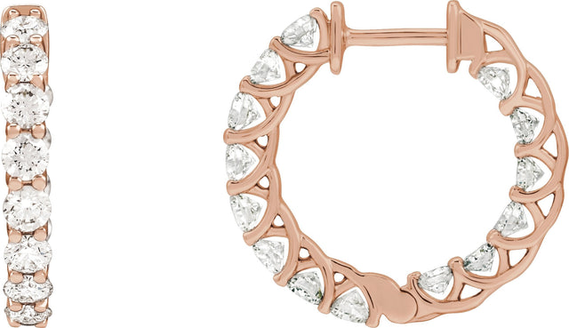 14K Gold Round Natural Diamond Inside-Outside Hoop Earrings – 2.8mm Stones - Rose Gold
