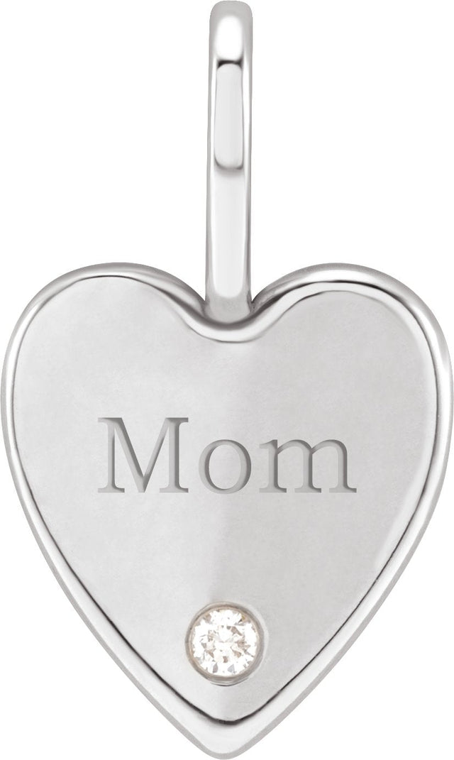 14K Gold Round Natural Diamond Engravable Accented Heart Pendant - White Gold