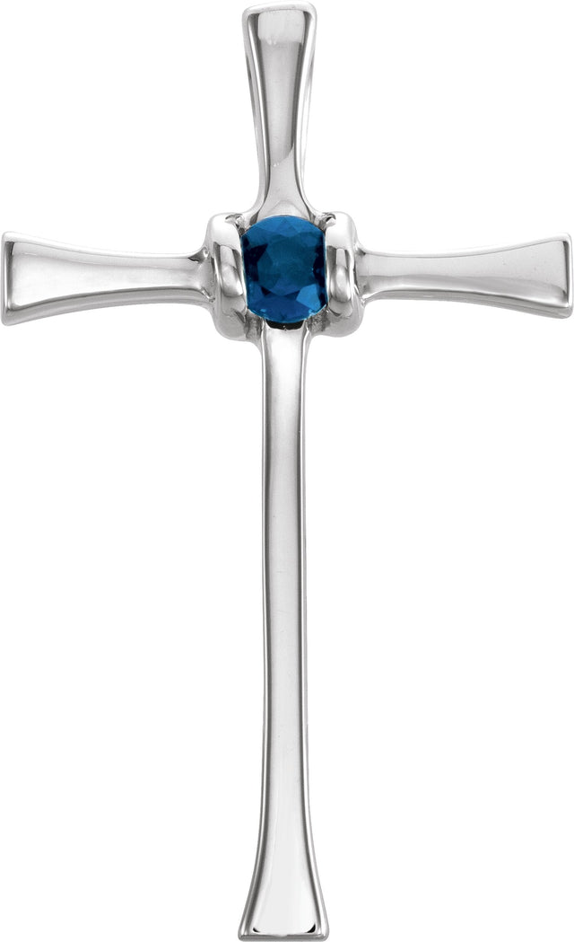 14K Gold Round Natural Blue Sapphire Solitaire Cross Pendant – 0 CTW - White Gold