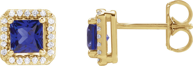 14K Gold Lab-Grown Blue Sapphire Square 4-Prong Halo-Style Earring - Yellow Gold