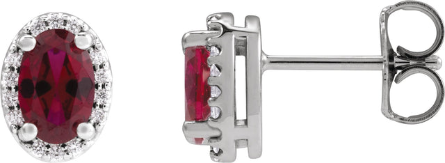 Platinum Lab-Grown Ruby Oval 4-Prong Halo-Style Low Stud Earring