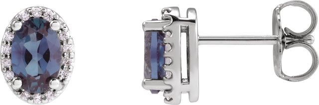 14K Gold Lab-Grown Alexandrite Oval 4-Prong Halo-Style Low Stud Earring - White Gold