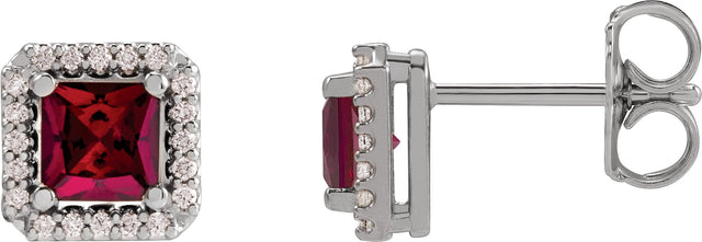 14K Gold Lab-Grown Ruby Square 4-Prong Halo-Style Earring - White Gold